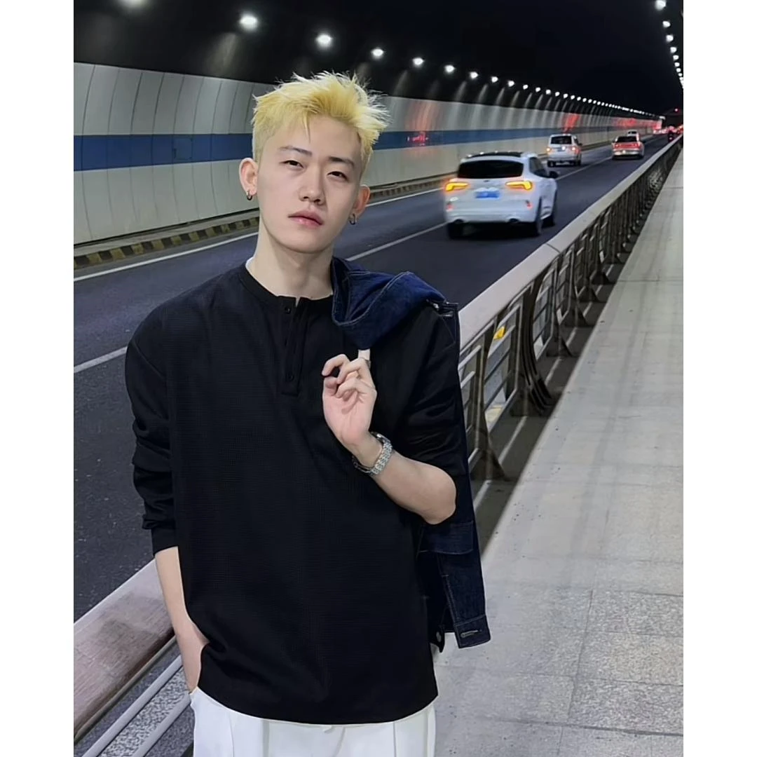 网红赵山河亨利领纯黑长袖t恤男款2024春秋新款内搭衣打底衫显瘦