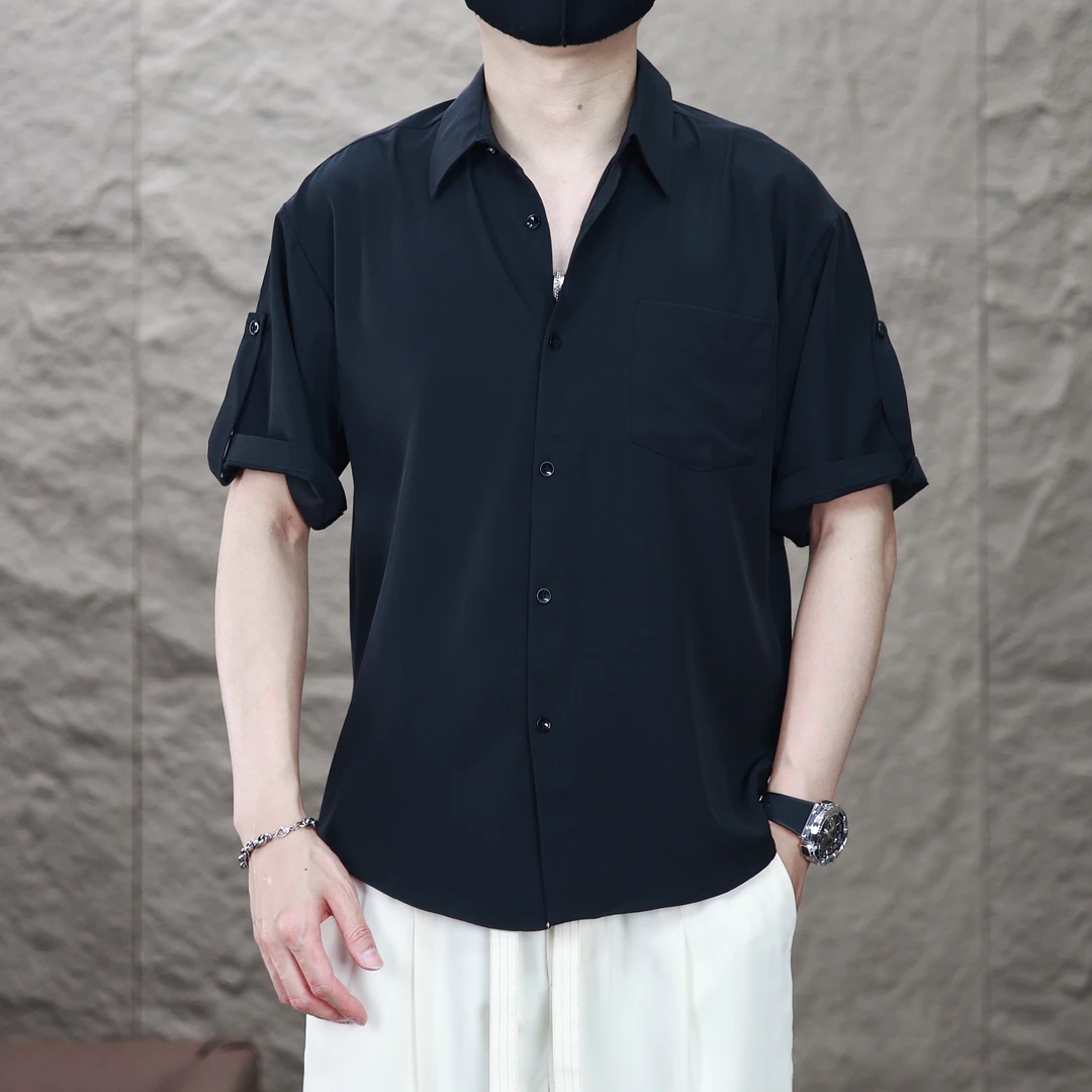 夏季新款衬衫痞帅宽松ins韩版宽松男士休闲纯色衬衣薄款男生