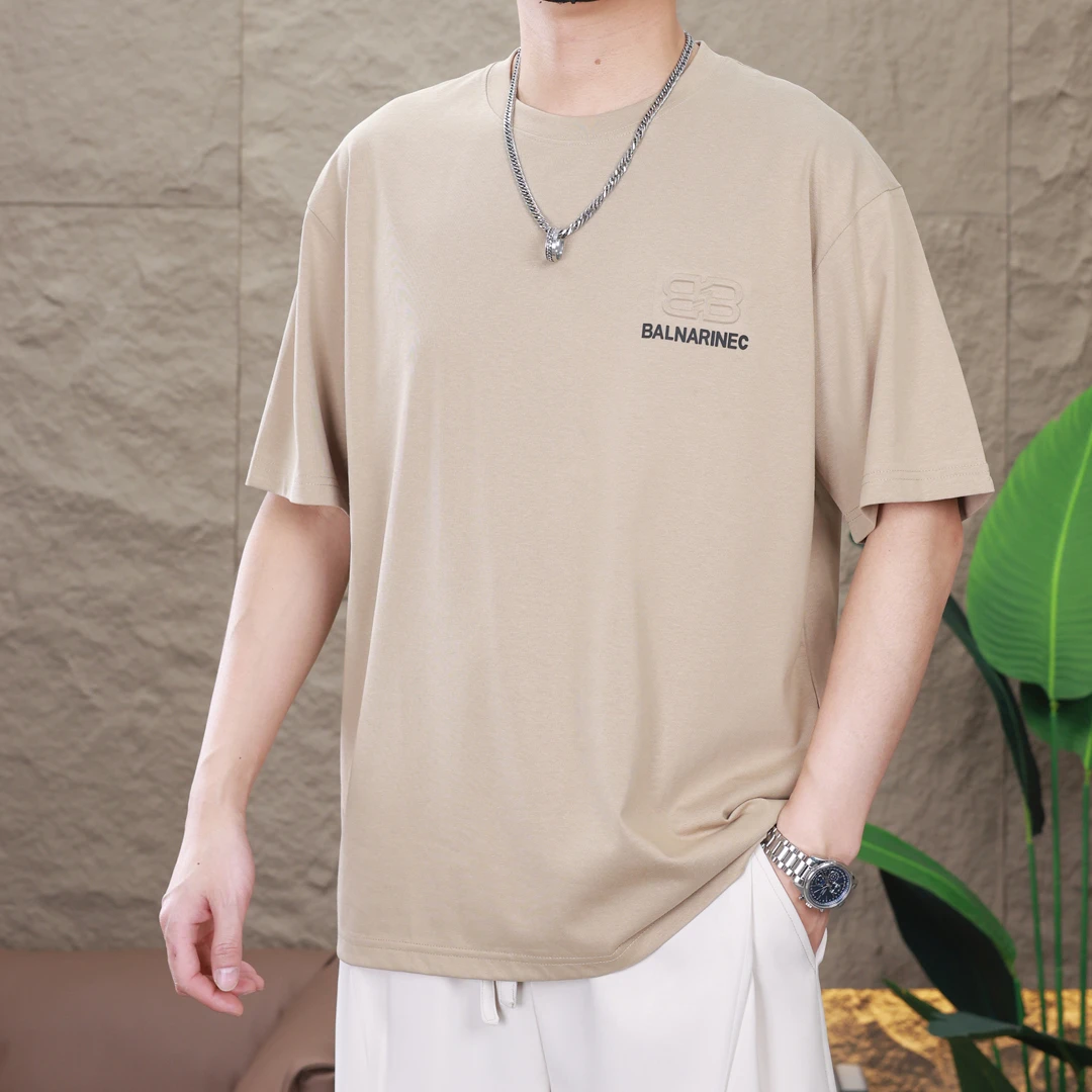 【轩染男装】夏季男士短袖T恤2024新款百搭钢印圆领宽松休闲上衣
