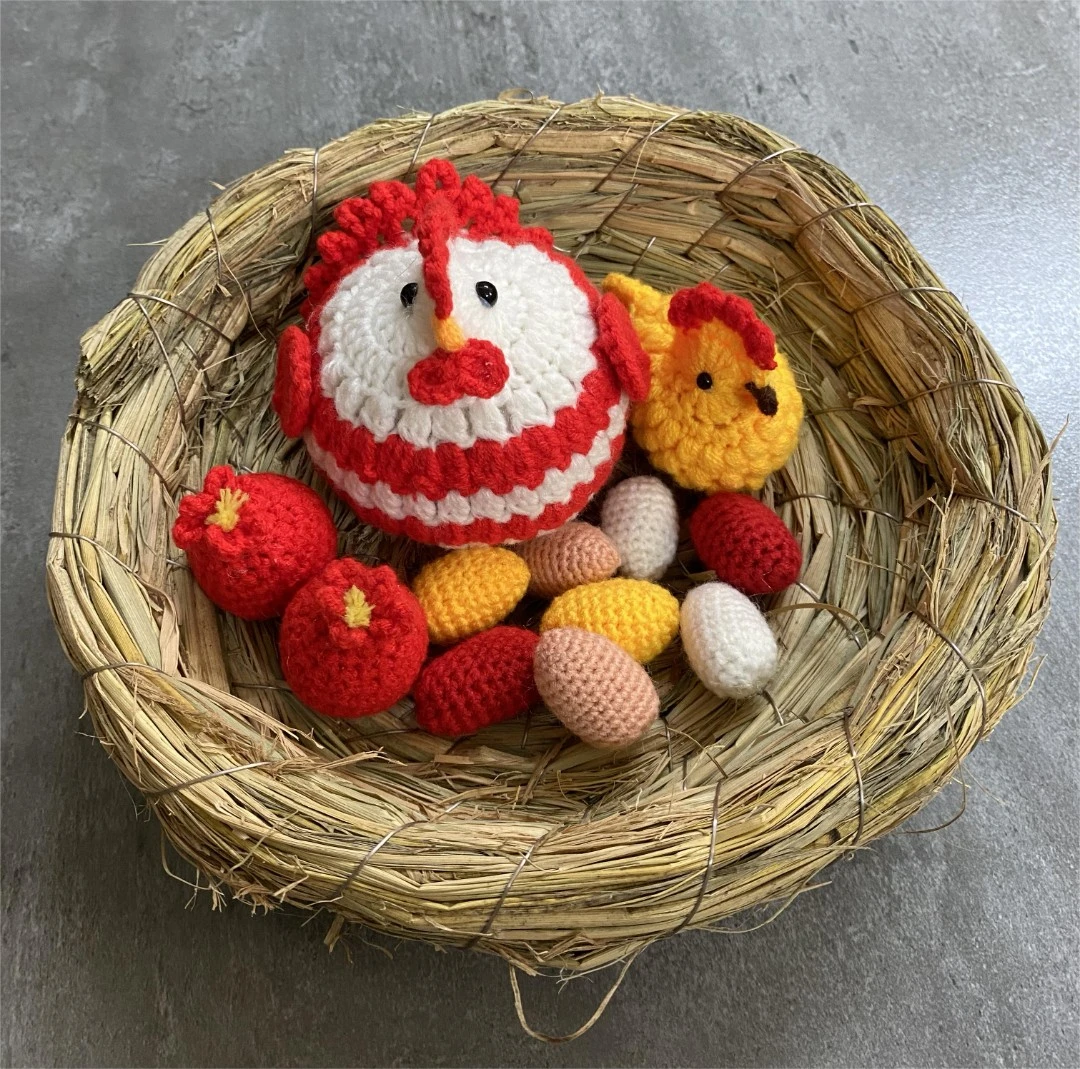 招财鸡＋小鸡＋八个鸡蛋 +窝+两个石榴 客厅结婚入宅送礼钩针佳品