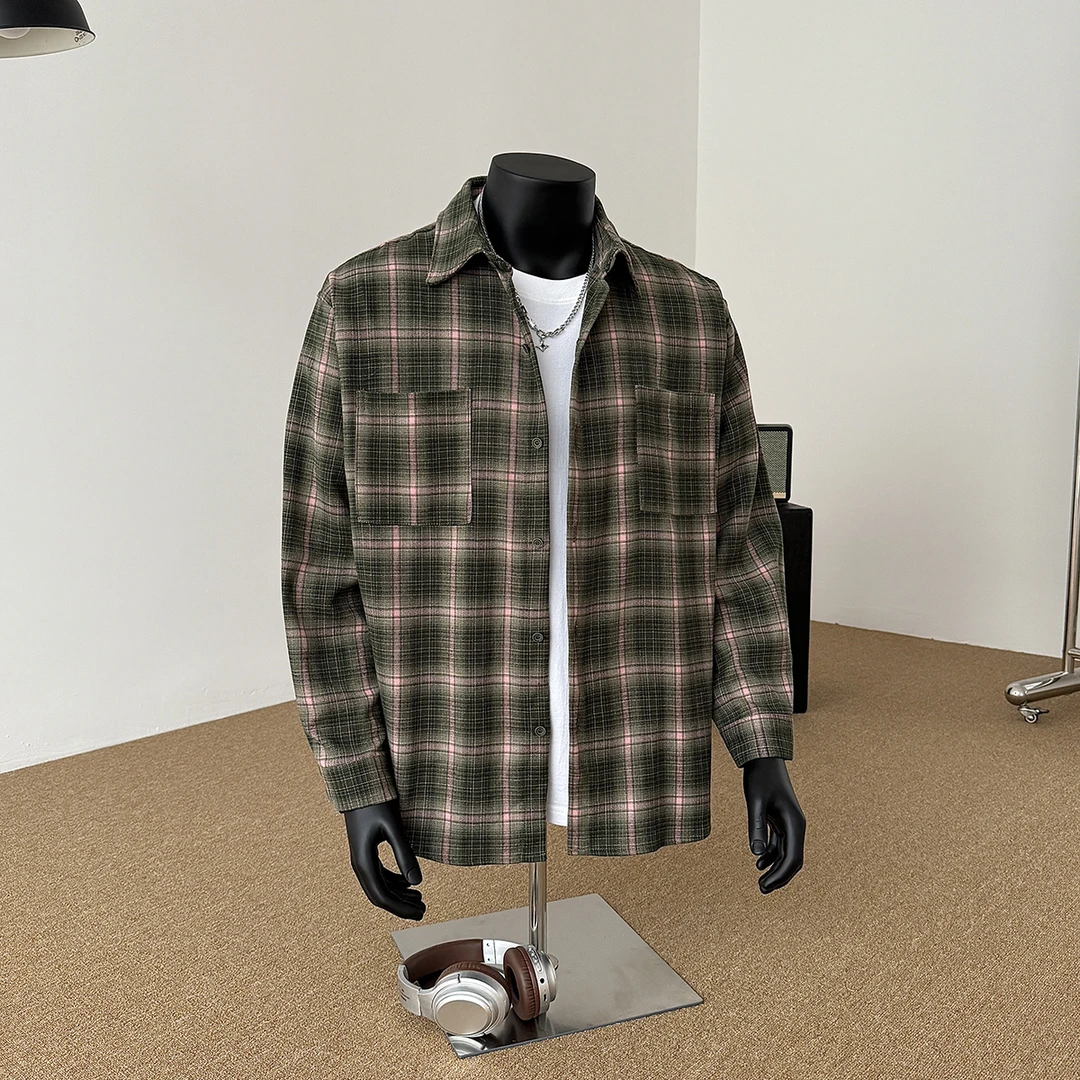 美式复古格子衬衫法式工装男装休闲长袖衬衫男款vintage情侣外套