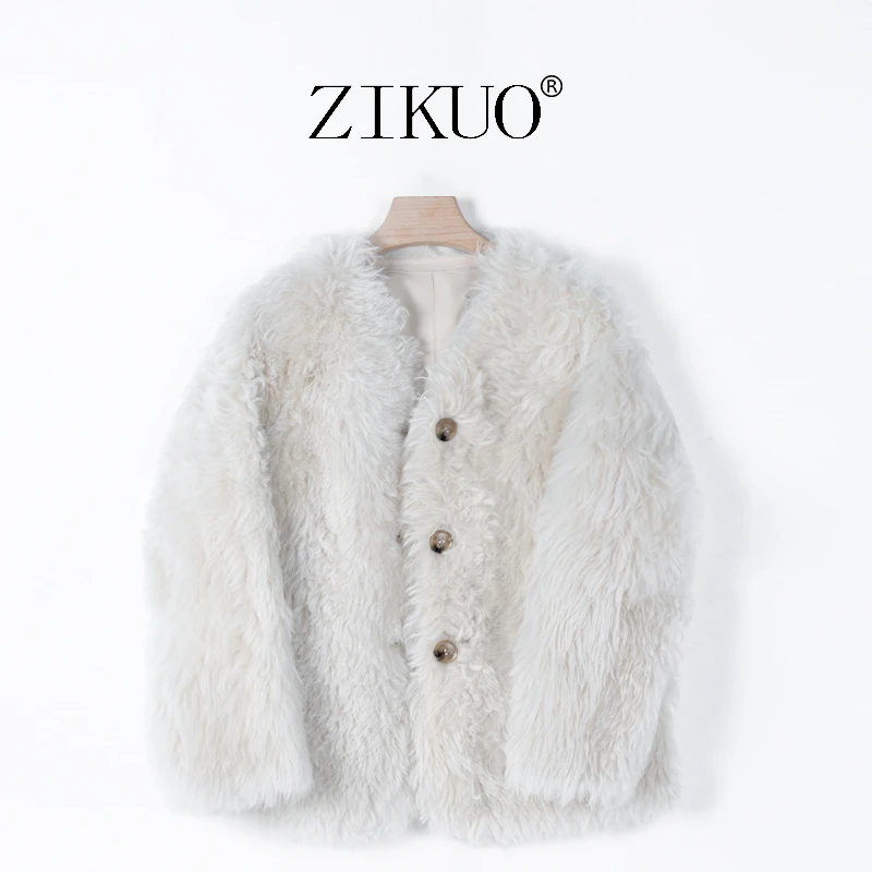 “木棉花”卷毛V领原生态进口托斯卡纳皮毛一体外套6620