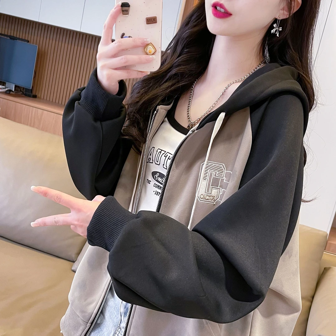 连帽卫衣女拉链长袖2024春秋季新款洋气宽松大码百搭休闲外套时尚