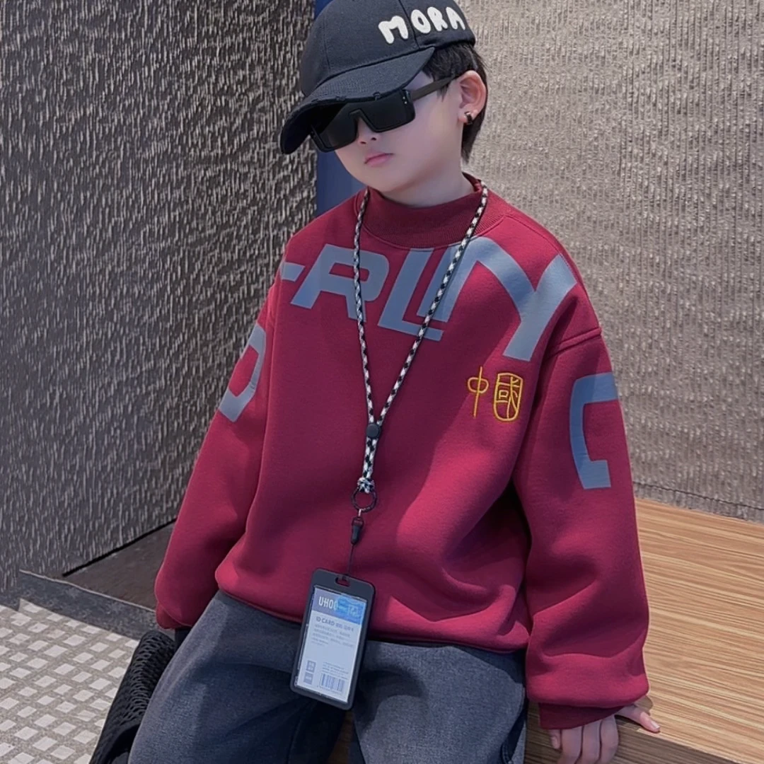 加绒加厚儿童国朝年服中大童秋冬男孩女孩高领保暖红色卫衣男童