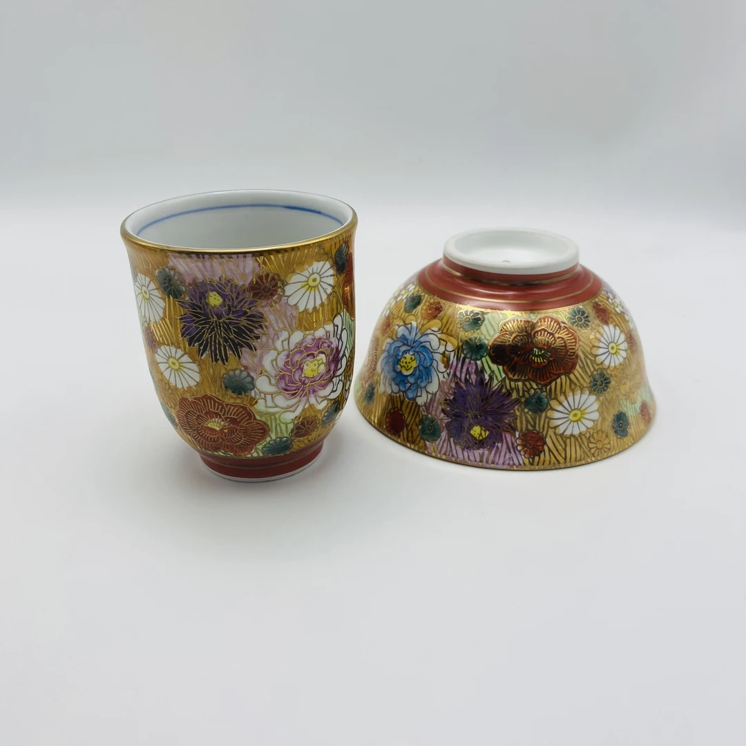 【尔滨兄弟专属】正品瓷器九谷烧高端手绘描金百花不落地四件套杯碗