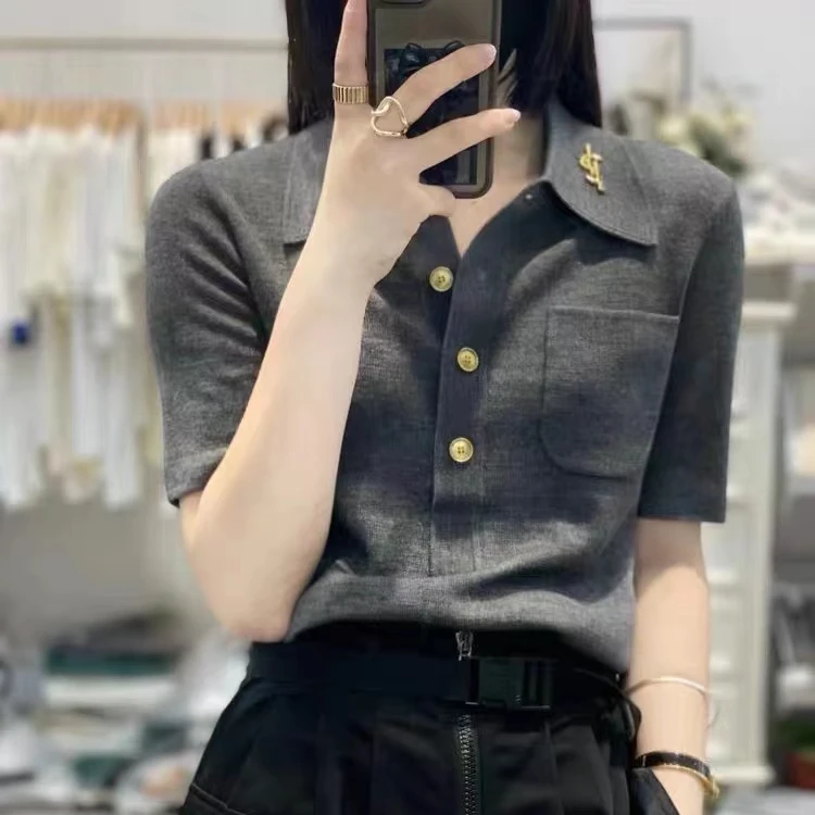 女夏季薄款毛衣针织衫POLO领气质时尚翻领黑色百搭POLO衫短袖