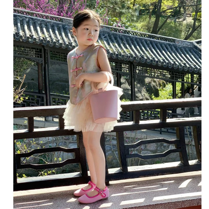 《现货》2024夏季新款女童碎花国风盘扣马甲网纱蓬蓬裙新中式套装