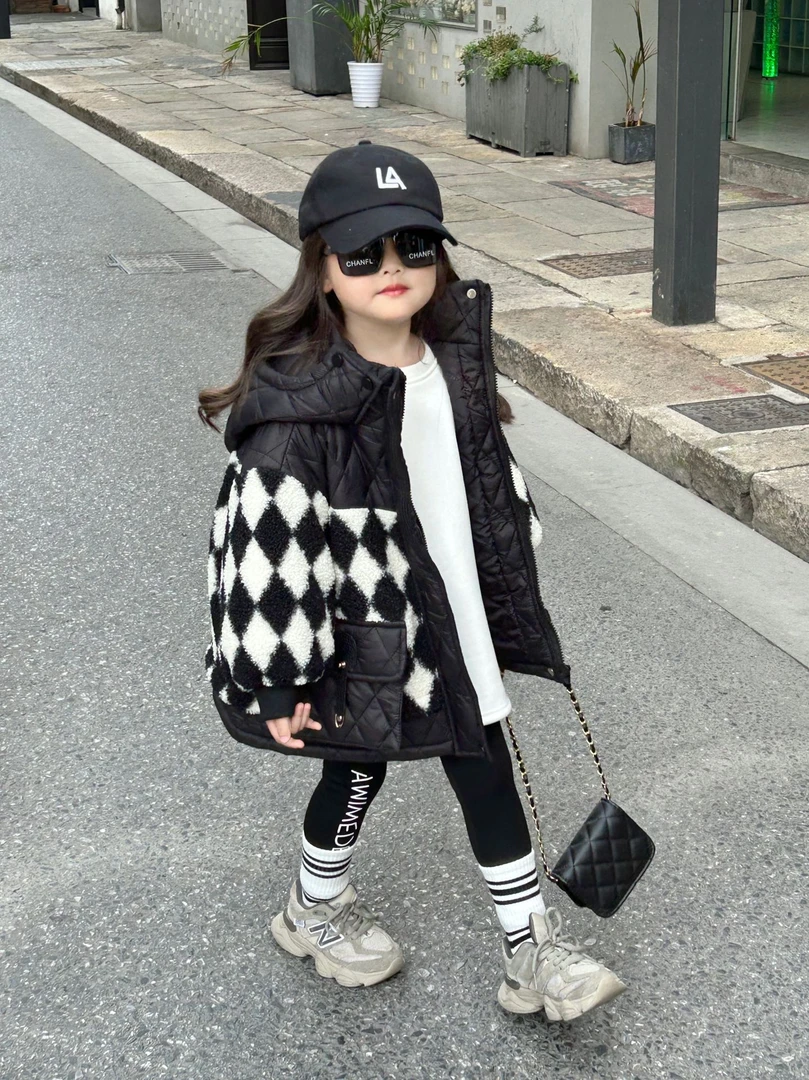 《小婕家》2024冬新款女童时髦菱形格夹棉毛毛外韩版洋气加厚棉衣套