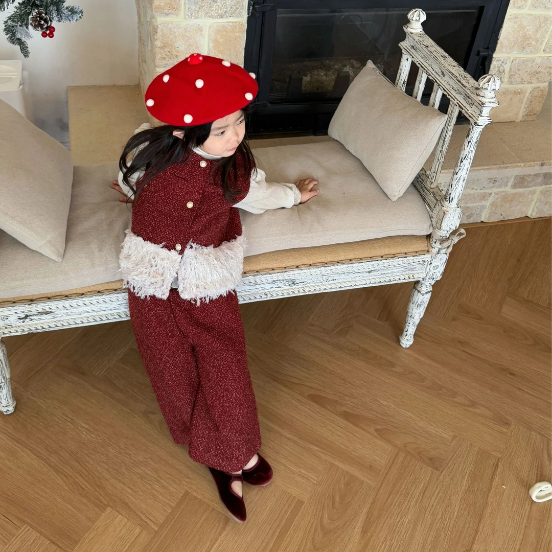 清仓福利2024冬季女童套装洋气小香风拜年服红色马甲裤子内搭衬衫