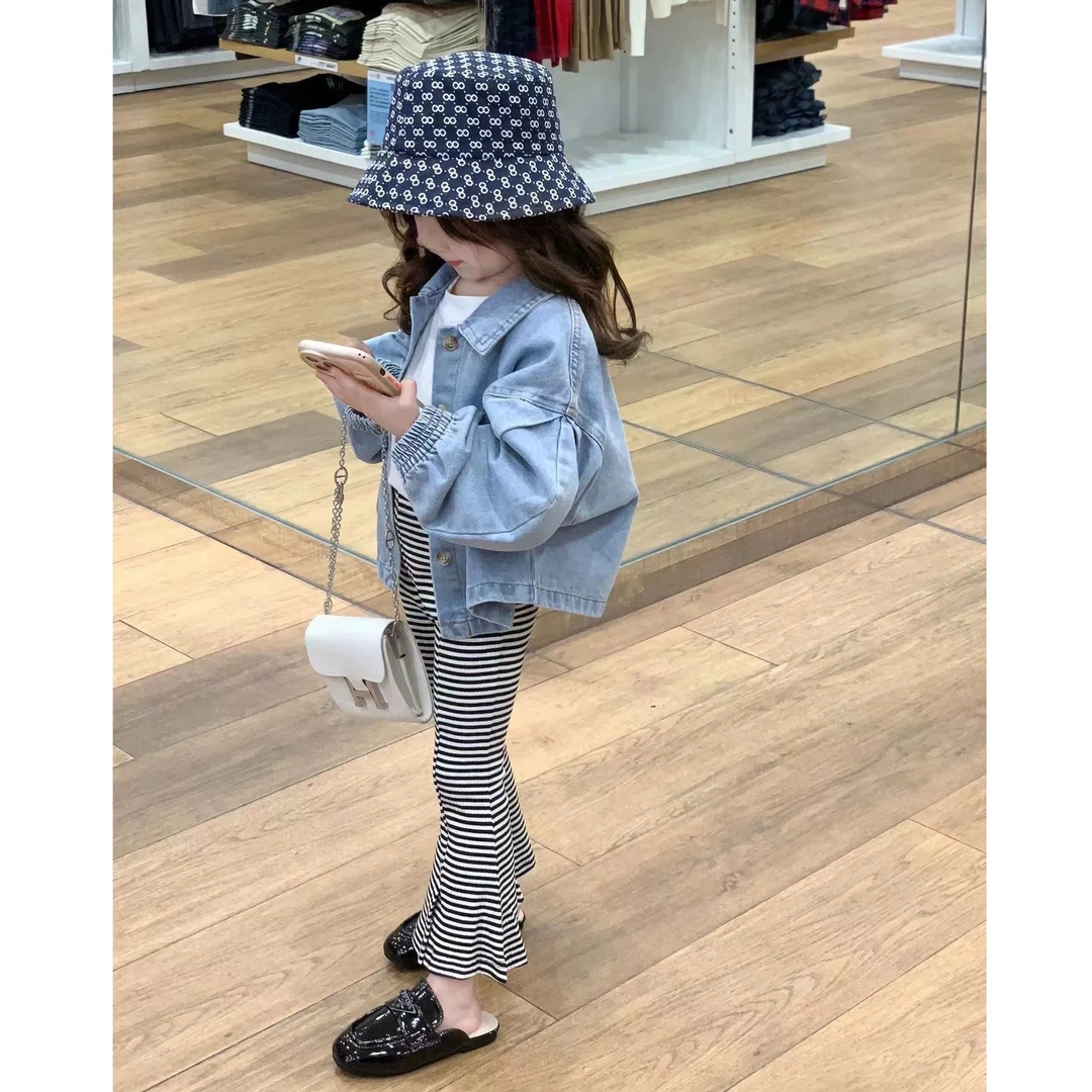 《现货》韩版2024春季时髦新款女童时尚条纹开叉微喇叭裤百搭条纹裤