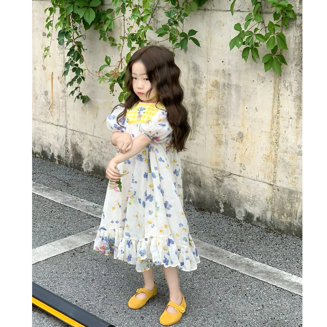 《小婕家》2024夏季新款时尚花朵女童短袖连衣裙泡泡袖公主裙娃娃裙