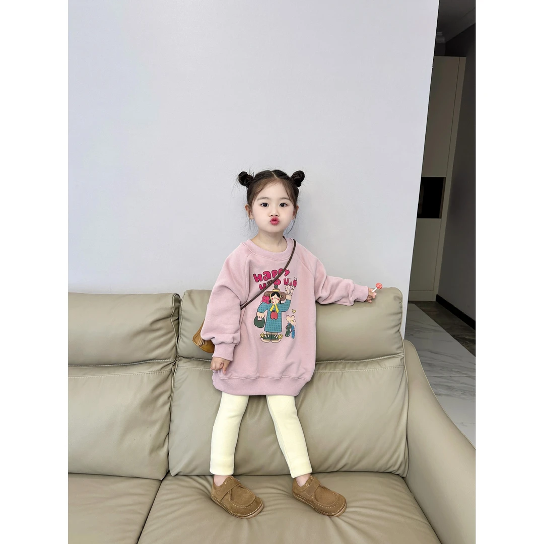 《现货》2024秋冬季韩版童装女卡通加绒加厚中长款圆领一体绒卫衣