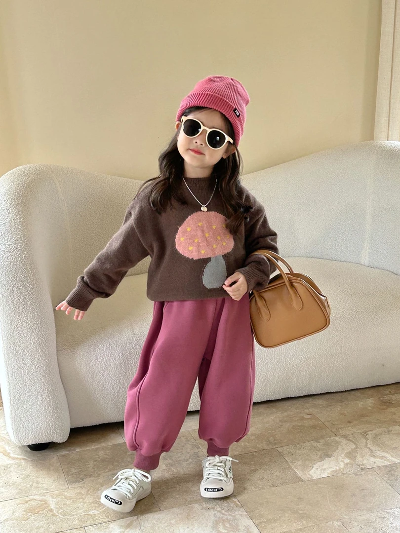 《现货》2024秋冬新款韩版童装女童蘑菇洋气圆领套头毛衣网红针织衫