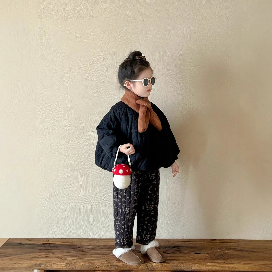 《现货》2024冬季新款韩版女童黑色保暖棉服搭加厚夹棉碎花裤套装