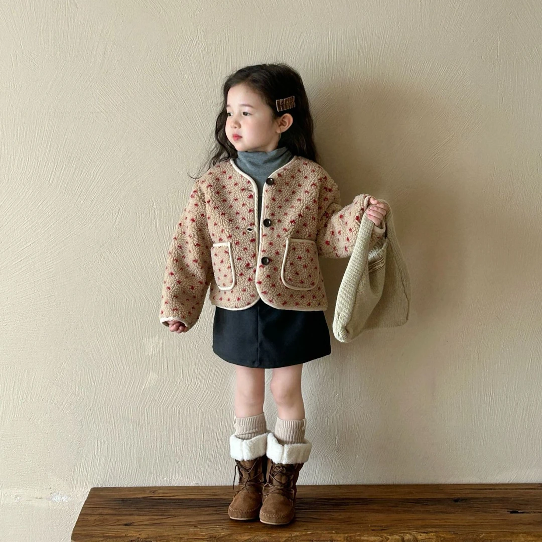 《小婕家》2024冬季新款韩版女童灰打底搭羊羔毛外套搭半身裙三件套