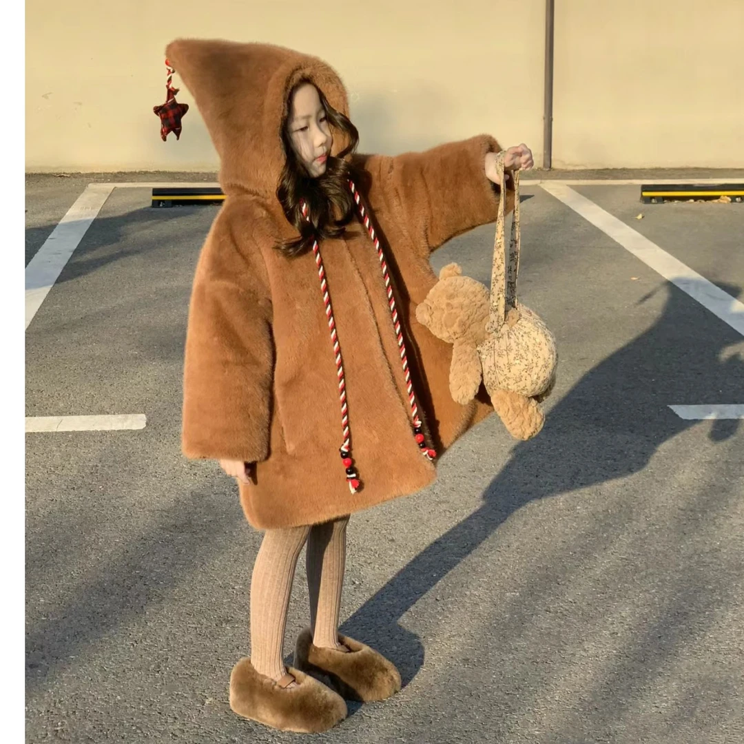 《现货》女童2024冬季新款毛毛外夹棉加厚大衣仿皮草环保皮草毛绒