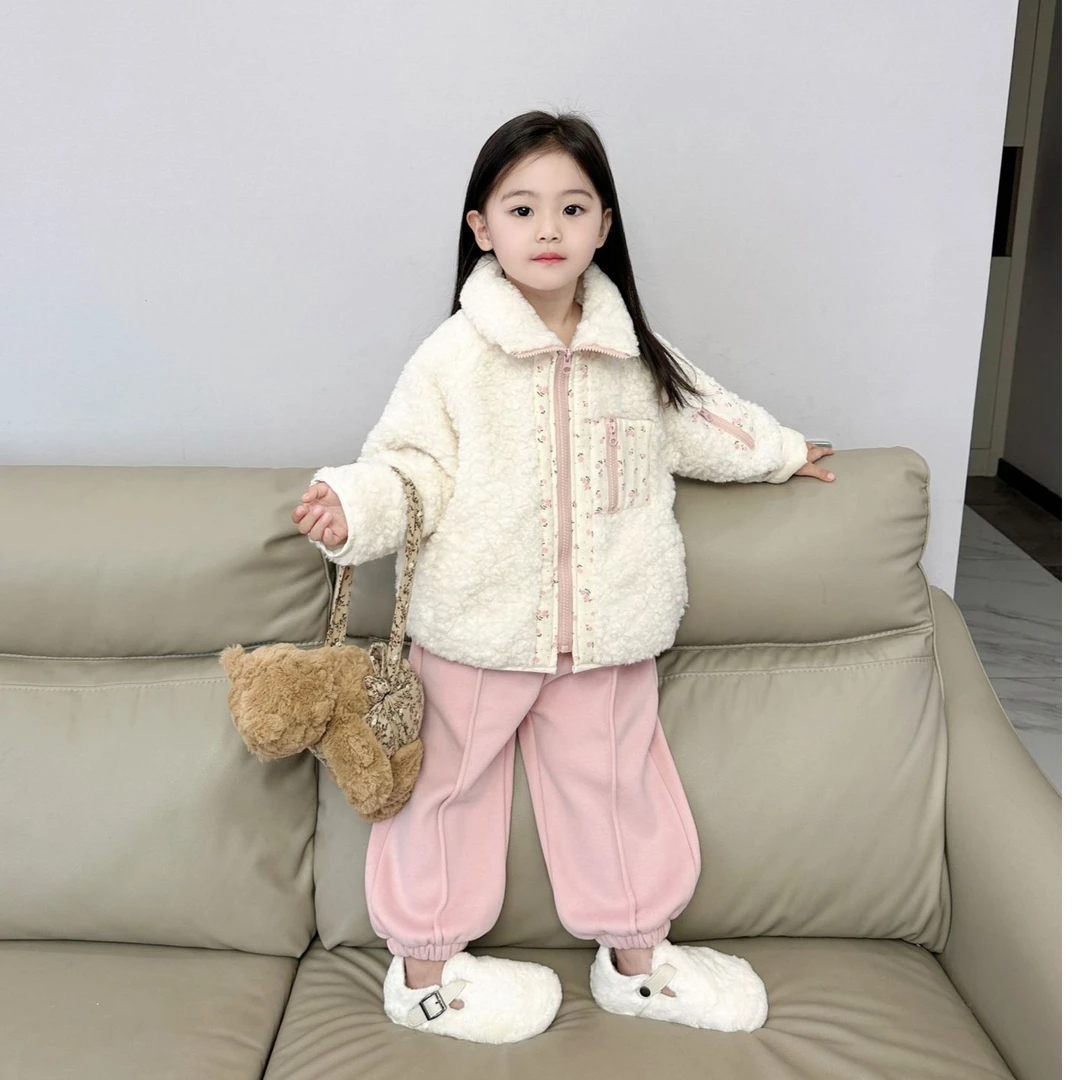 《现货》2024秋冬新款女童洋气韩版碎花毛毛外套休闲运动加绒时尚