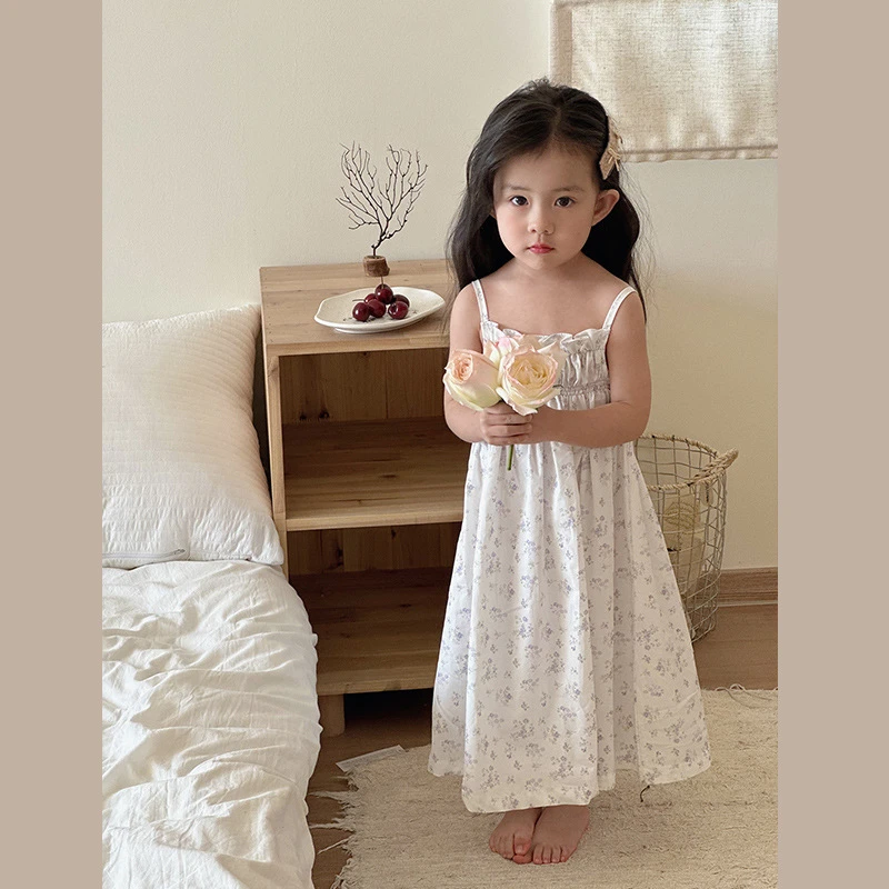 《小婕家》2024春夏新款韩版女童碎花连衣裙吊带款公主裙无袖长裙子