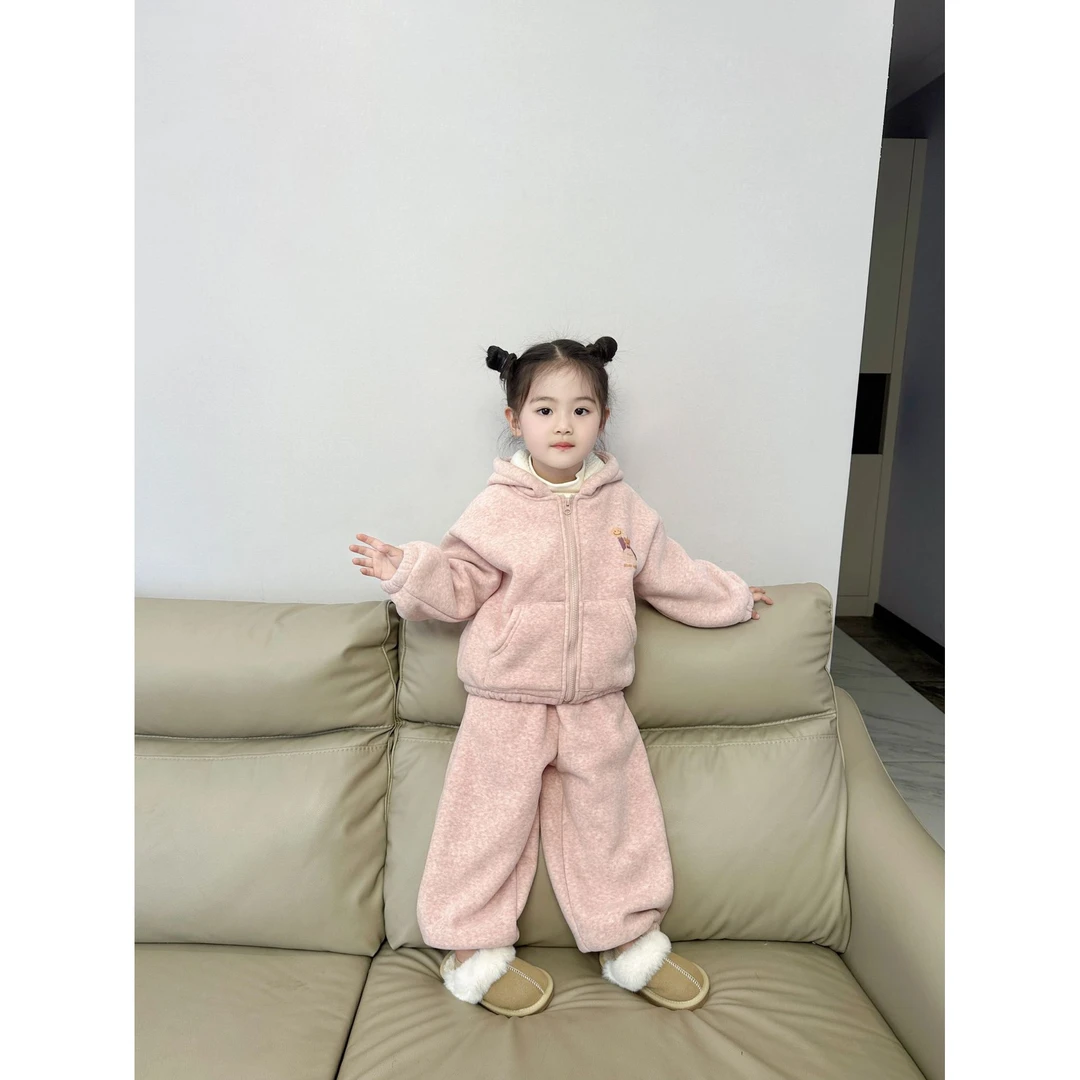 《现货》儿童羊羔绒连帽卫衣开衫卡通加绒加厚运动裤休闲裤套装