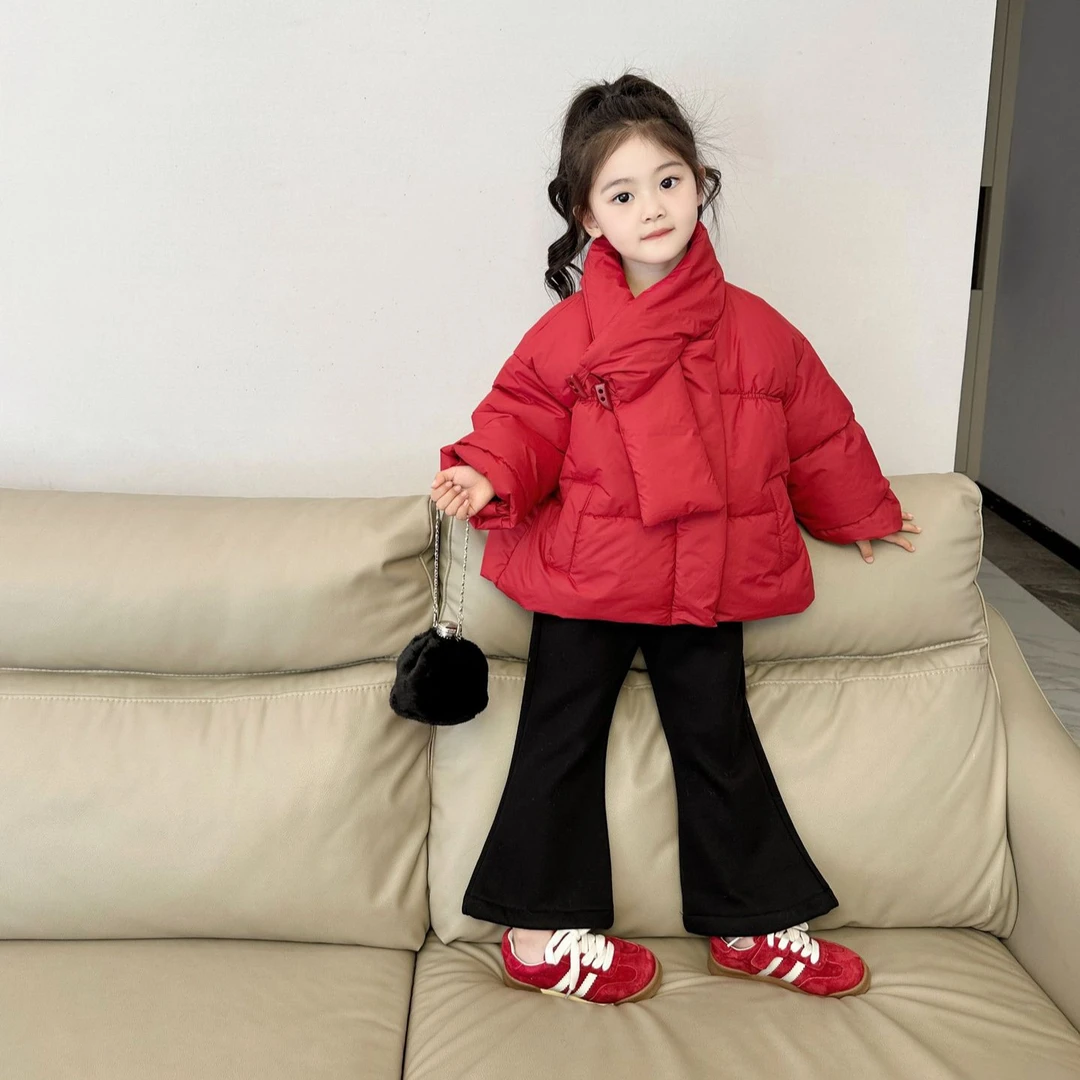 《现货》2024冬季新款韩版女童时髦红色保暖棉服搭黑色微喇裤套装