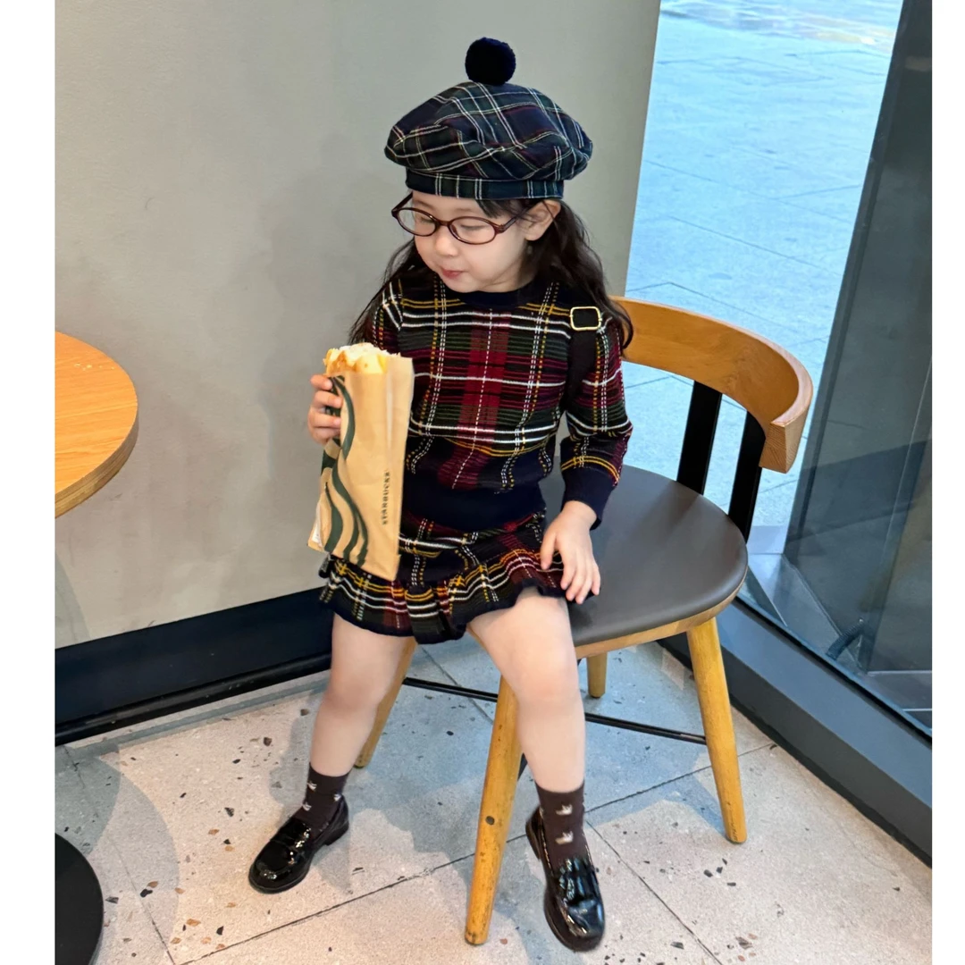 《小惜亦》韩版童装女童套装宝宝洋气英伦风针织衫上衣百褶裙两件套