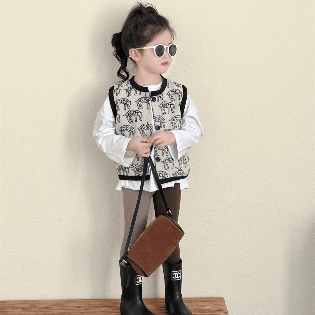 《小婕家》2024秋季新款韩版动物图案马甲小坎肩拼色休闲长裤套装潮