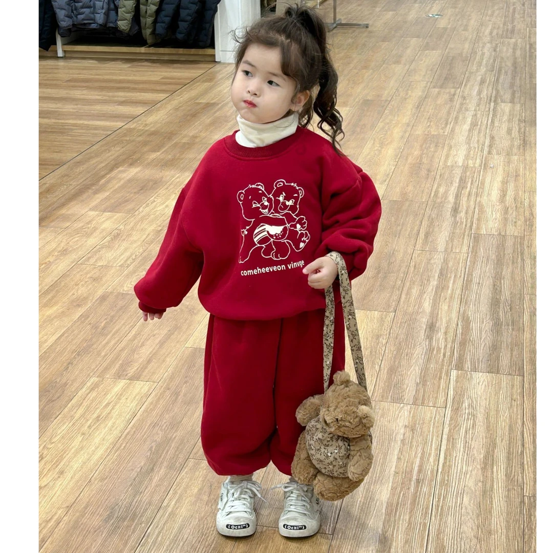 《小婕家》2023冬季新款韩版童装男女童红色喜庆新年圣诞款加绒套装