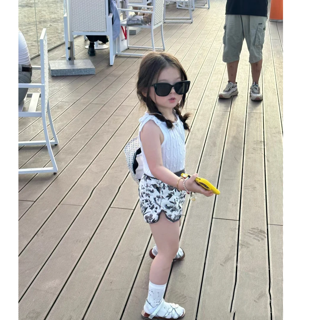 《小婕家》2024夏季新款女童套装洋气针织背心印花短裤时尚两件套