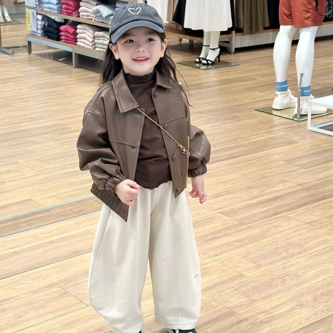 《现货》2024秋季新款女童卡通皮衣外套咖色打底衫休闲裤套装