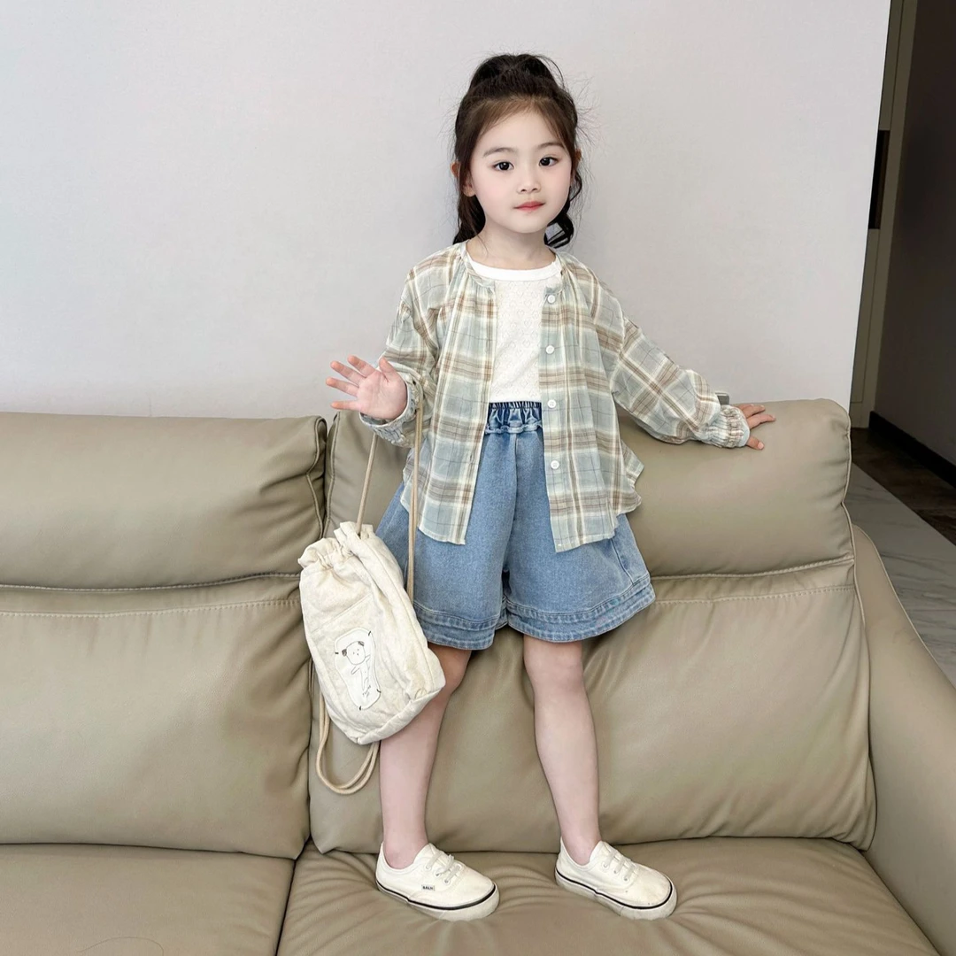 《小婕家》2024春夏季女童格子防晒外套内搭吊带牛仔短裤时尚套装潮