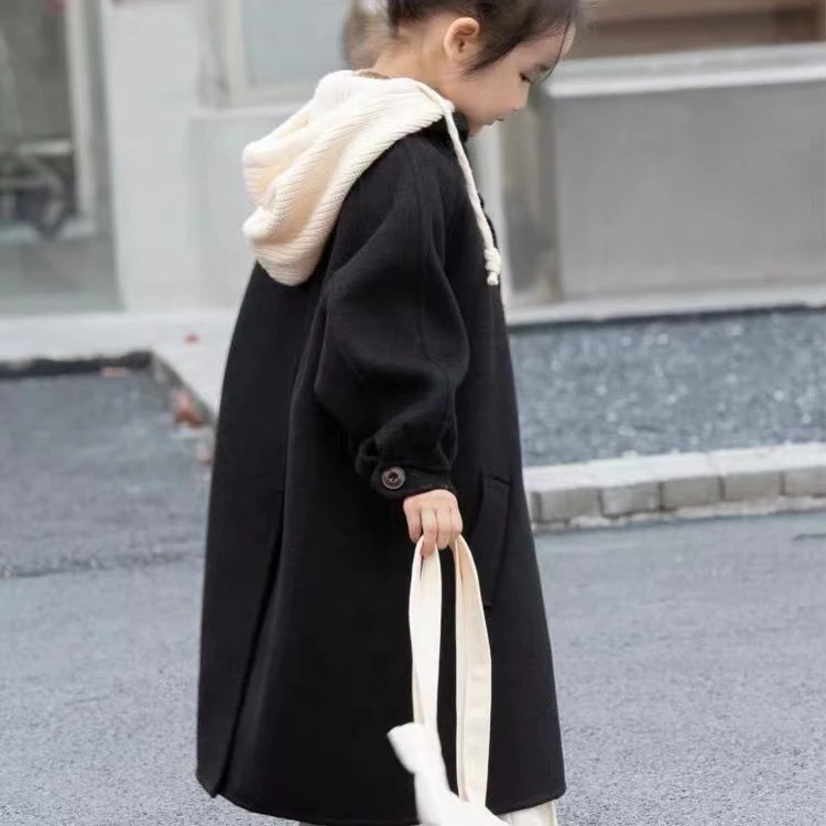 《小婕家》女童夹棉呢大衣2023秋冬装加厚保暖连帽呢子外套韩版风衣