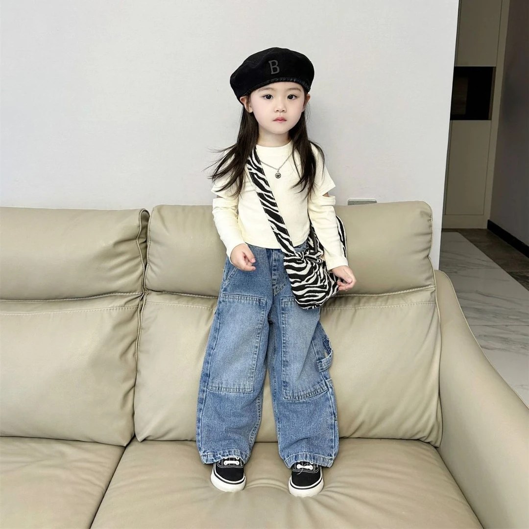 《现货》2024春季新款女款儿童时髦上衣洋气长袖T恤牛仔裤套装潮