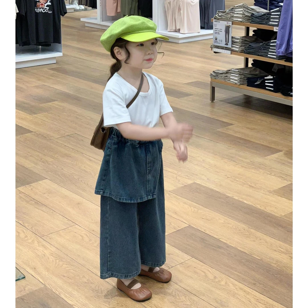 《现货》2024新款夏季女童韩版白色短袖上衣牛仔裙裤纯色百搭套装