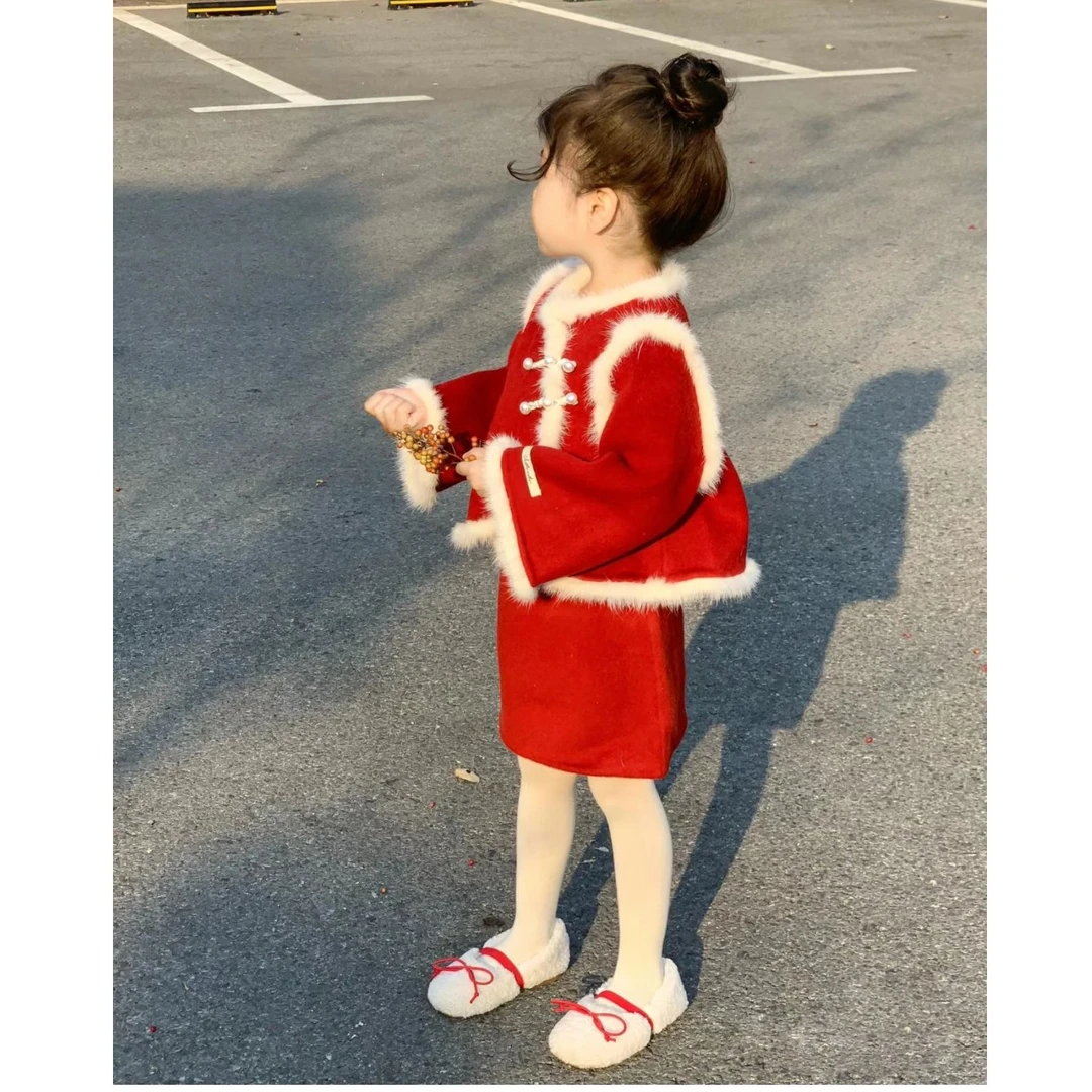 《断码清仓》女童拜年服冬装儿童毛毛边外套半身裙洋气过年喜庆套装