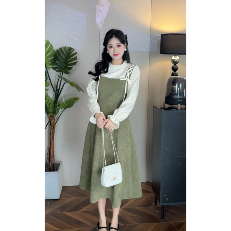 【绿光森林】秋冬新款法式复古假两件拼接设计收腰显瘦连衣裙L006