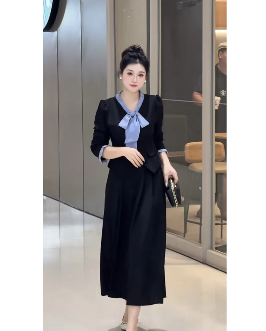 【精致翘楚】秋季新款法式气质修身蝴蝶结上衣+显瘦半身裙套装A06