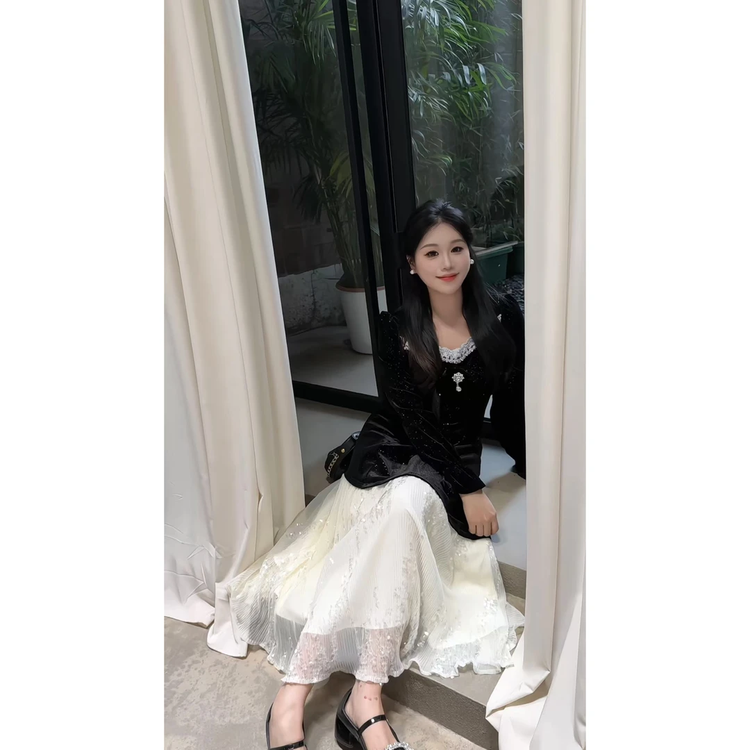 【茉莉芳蝶】秋冬新款法式赫本风轻奢蝴蝶结撞色拼接设计收腰连衣裙