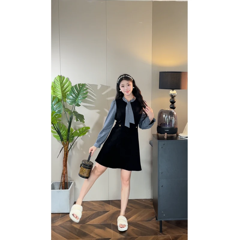 【夜辰】秋冬新款法式轻奢拼接设计小个子收腰显瘦连衣裙L005