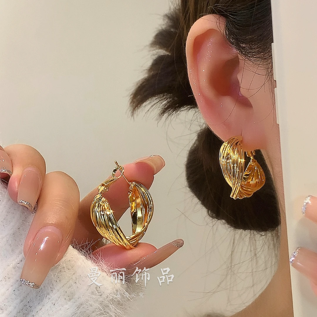 铜合金耳饰 秋冬简约法式高级金色绸带耳环