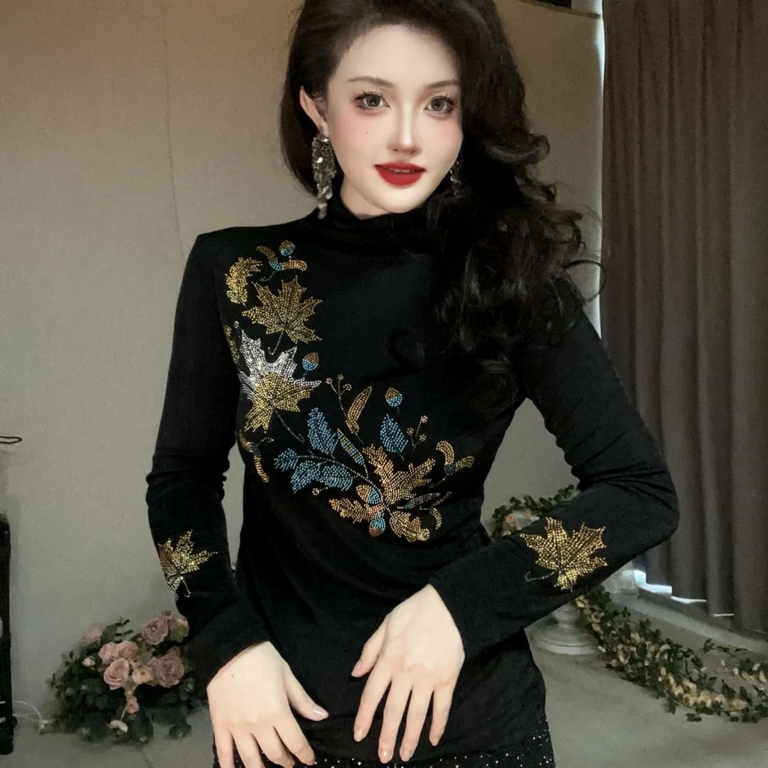 【秋冬新款】落叶纷飞打底衫女装欧货重工烫钻长袖T恤上衣女