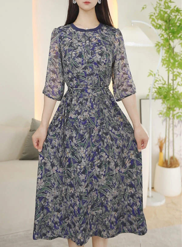 2025女装宽松收腰休闲系带时尚气质显瘦印花连衣裙#5430