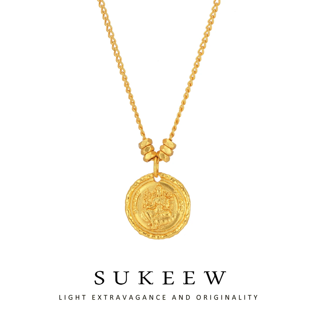 SUKEEW/酥可 镀k金 錾刻绿度母占巴拉圆牌吊坠项链-110805