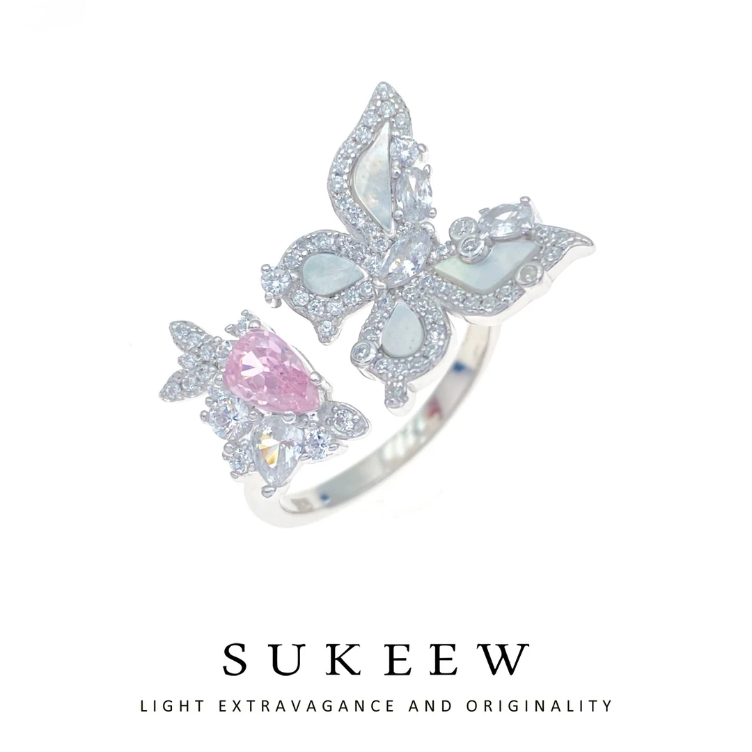 925银合成锆石戒指 （925银）镶嵌贝壳粉石蝴蝶戒指042205