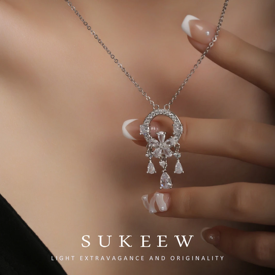 坠链均925银合成锆石  圈环花朵镶嵌项链040116