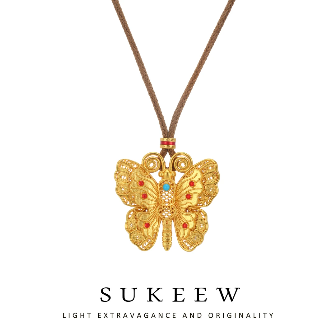 SUKEEW/酥可 铜合金布艺项链 新中式立体花丝蝴蝶气质项链563207