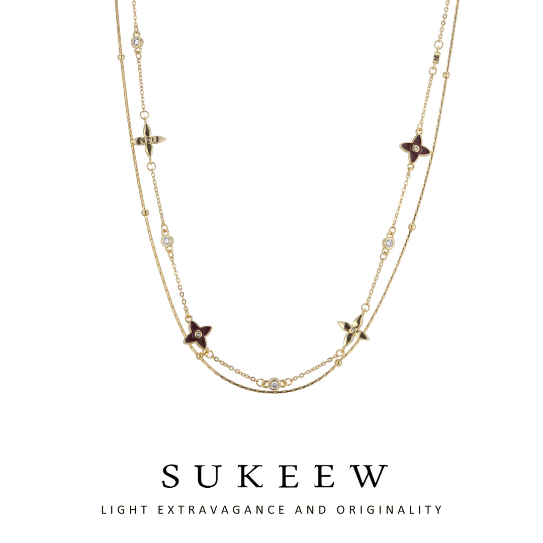 SUKEEW/酥可 铜合金合成锆石项链 轻奢精致双层花朵项链762023