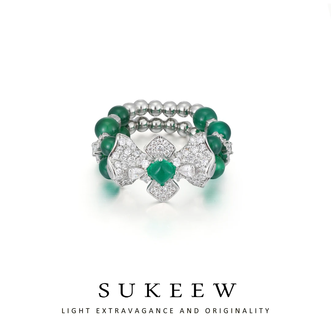 SUKEEW/酥可 铜合金合成锆石戒指 中式蝴蝶结绿珠国风戒指459204