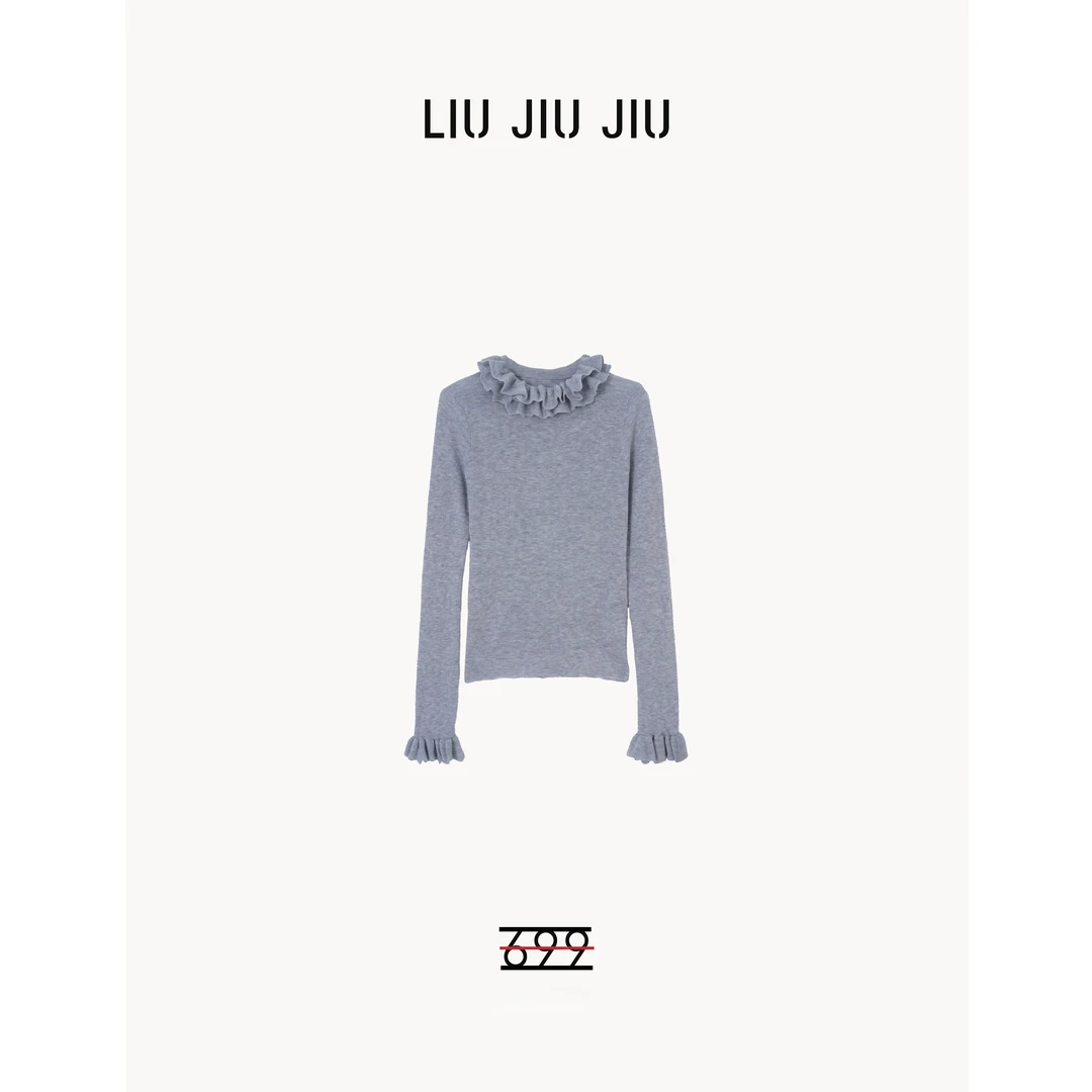 LIUJIUJIU 秋冬新品时尚木耳纯色花边小众百搭针织打底衫ZZS2926L