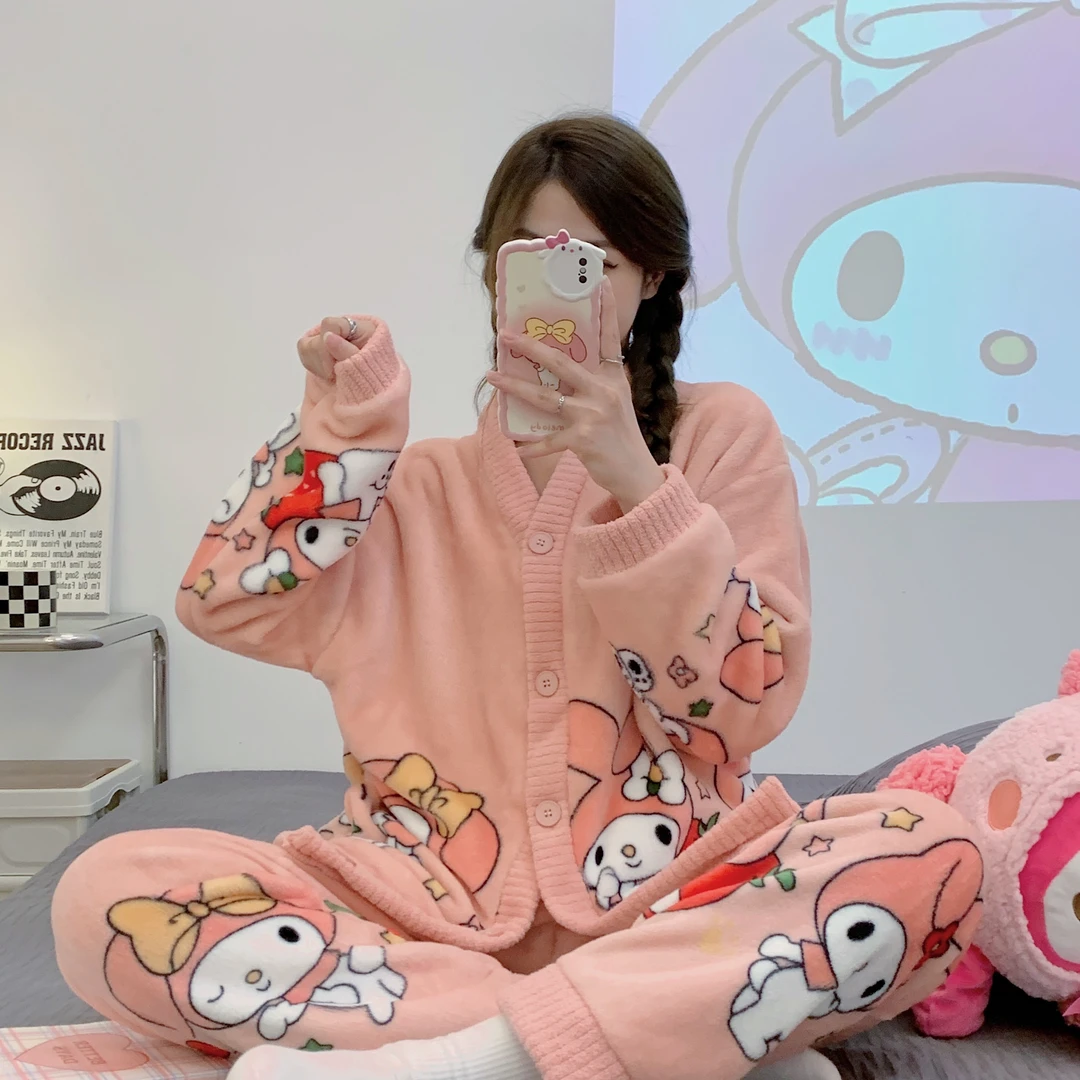 2023秋季新款法兰绒长袖睡衣女可爱卡通睡衣可外穿家居服两件套装