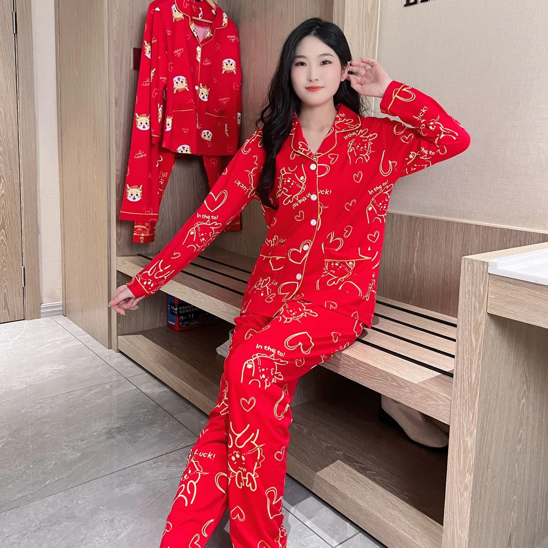新春秋季新款红色女士睡衣长袖长裤爆款可外穿时尚家居服两件套